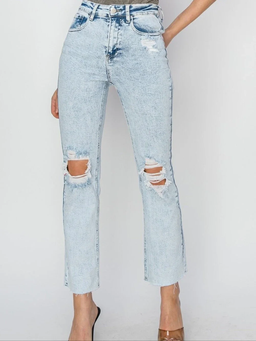 Risen High-Rise Knee Distressed Raw Hem Riley Ankle Jeans 7/28